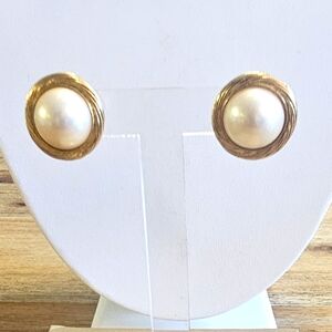 Vintage Trifari Gold Tone Large Faux Pearl Button Earrings.